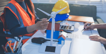 Concept Architect and desk of Architectural project in construction site or office building with...