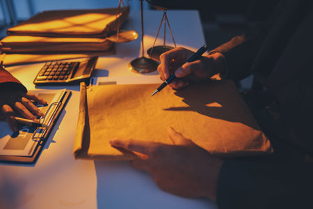 Close up of businessmen or lawyers discussing contract or business agreement at law firm office,...