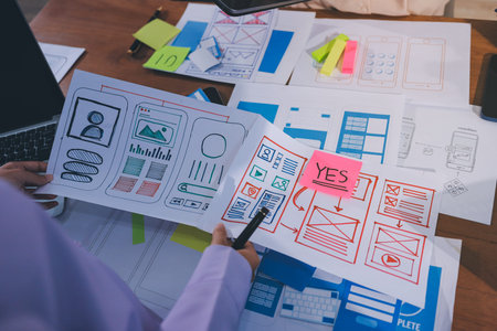 Close up ux developer and ui designer brainstorming about mobile app interface wireframe design on...