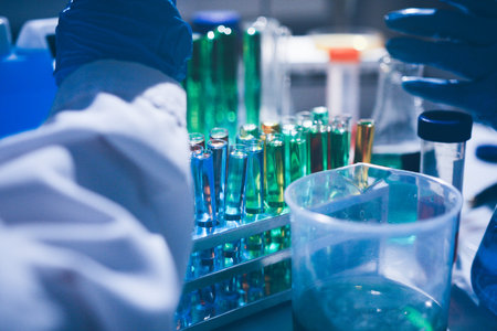 Science, laboratory and woman with pipette, test tube and biotech solution in research. Medical...