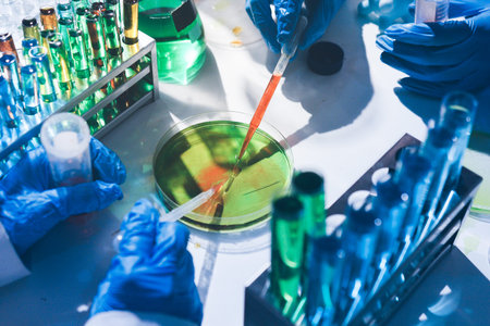 Science, laboratory and woman with pipette, test tube and biotech solution in research. Medical...