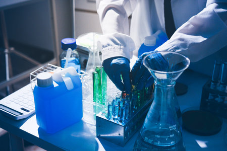 Science, laboratory and woman with pipette, test tube and biotech solution in research. Medical...