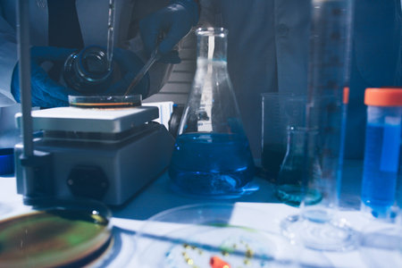 Science, laboratory and woman with pipette, test tube and biotech solution in research. Medical...