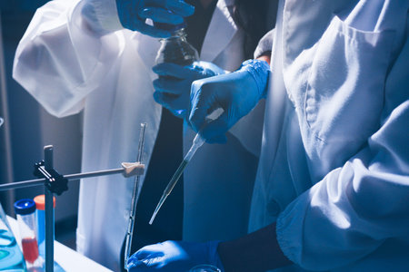 Science, laboratory and woman with pipette, test tube and biotech solution in research. Medical...