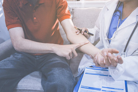 Healthcare worker providing empathetic support and care, gently placing hands on a senior woman's...