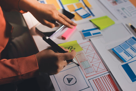 team of UI UX web designer are working together to develop mobile responsive websites with UI UX...