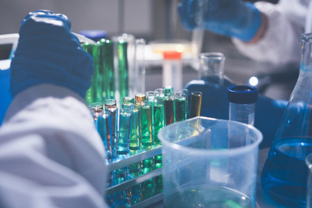Science, laboratory and woman with pipette, test tube and biotech solution in research. Medical...