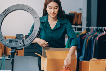 Starting small businesses SME owners female entrepreneurs check online orders to prepare to pack the...