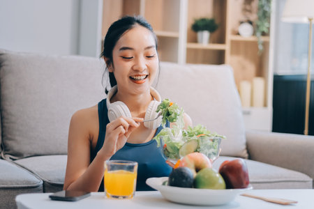 Fit young Asian women in activewear sitting on yoga mat and eating fresh vegetable salad after workout, representing clean eating, fitness lifestyle, wellness routine and health balance.の写真素材