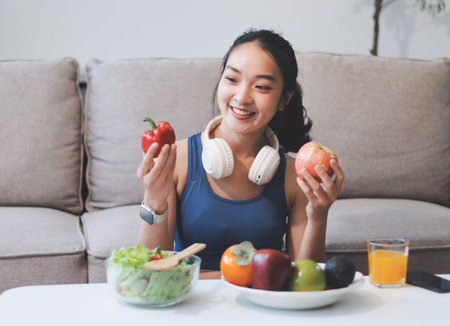 Fit young Asian women in activewear sitting on yoga mat and eating fresh vegetable salad after workout, representing clean eating, fitness lifestyle, wellness routine and health balance.の写真素材