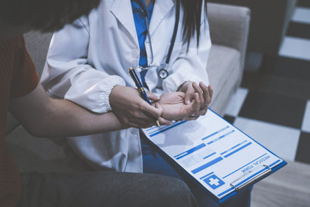 Healthcare worker providing empathetic support and care, gently placing hands on a senior woman's arm