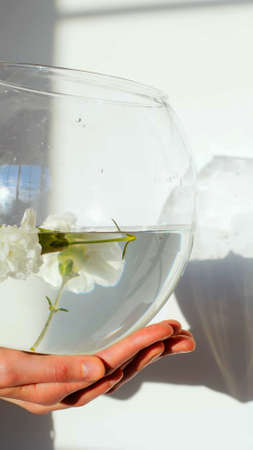 Photo of the hands of a woman who is holding a jar of water with flowers