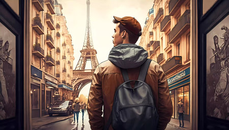 An illustration of a tourist in Paris with Eiffel Towerの写真素材