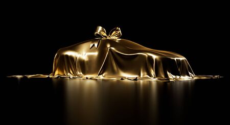 Expensive car gift covered by gold shiny fabric with bow-knot isolated on a black studio background. Luxury surprise item. 3D photorealistic illustrationの写真素材