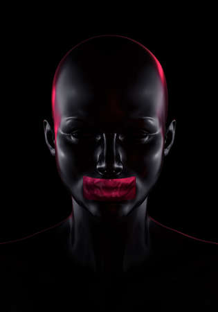 Black female face portrait with tape on the mouth. Censor, human rights, freedom of speech, diversity. Red lips and edge lighting. 3d illustrationの写真素材