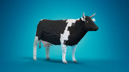 Toy blocks. Cow figure assembled from toy bricks on a blue studio background. 3d render illustration.の写真素材