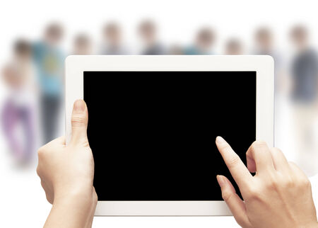 male hand holding digital tablet  with black screenの写真素材