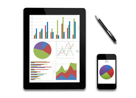 digital tablet showing charts and diagram on screen,の写真素材