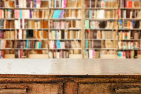 Empty wooden table and modern library background, product  montage displayの写真素材