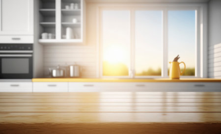 Empty Beautiful wood table  top and blur bokeh modern kitchen interior background in clean and bright, Ready for product montageの写真素材