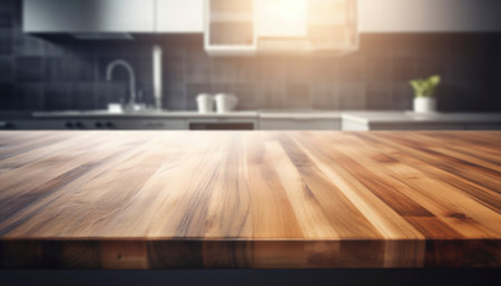 Empty wooden table in modern kitchen interior. Mock up, 3D Renderingの写真素材