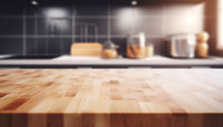 Wooden table in modern kitchen interior. Blurred background. 3D Renderingの写真素材
