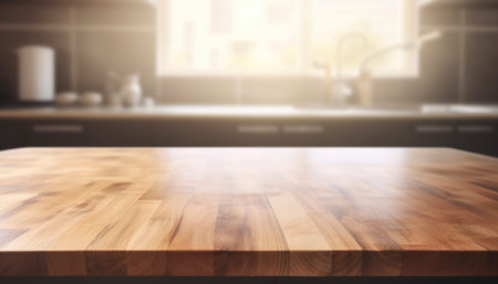Empty wooden table in front of blurred kitchen interior. Mock up, 3D Rendering