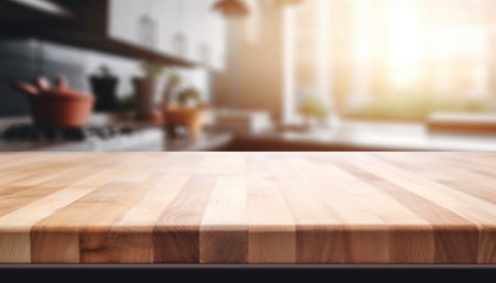 Empty wooden table in front of blurred kitchen interior. Mock up, 3D Renderingの写真素材