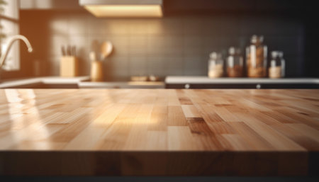 Wooden countertop in modern kitchen interior. 3D Renderingの写真素材