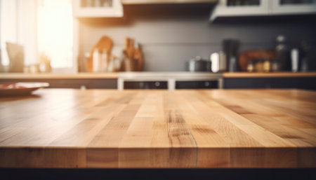 Wooden table top on blurred kitchen background, product display montageの写真素材