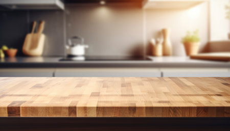 Empty wooden table for product placement. Blurred kitchen background. Mock upの写真素材