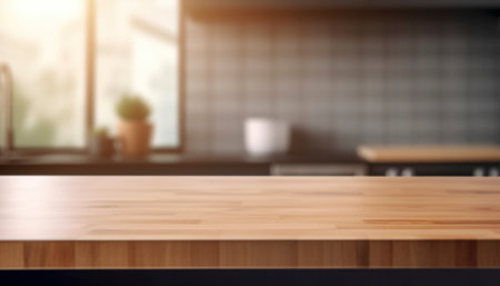Wooden table in modern kitchen interior. Mock up, 3D Renderingの写真素材