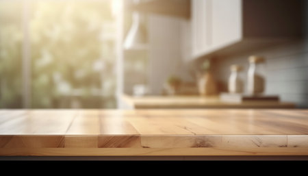 Wooden table top on blurred kitchen background. Mock up, 3D Renderingの写真素材