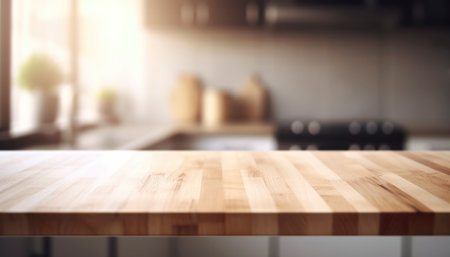 Empty wooden table and blurred kitchen interior background, product display montageの写真素材