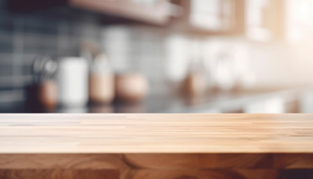 Wooden table top on blurred kitchen interior background. Mock up, 3D Renderingの写真素材