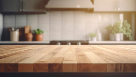 Empty wooden table in modern kitchen interior. Mock up, 3D Renderingの写真素材
