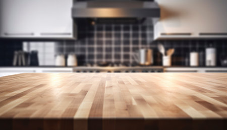 Empty wooden table in modern kitchen interior. Mock up, 3D Renderingの写真素材