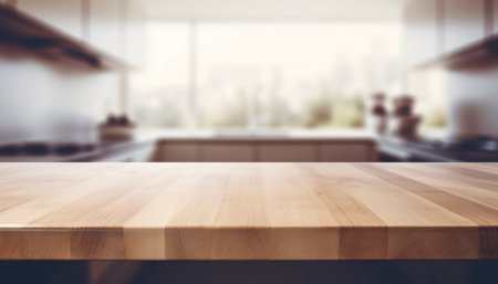 Empty Beautiful wood table top and blur bokeh modern kitchen interior background in clean and bright, Ready for product montageの写真素材