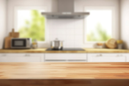 Empty wooden table in front of blurred kitchen interior. Mock up, 3D Renderingの写真素材