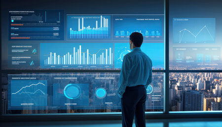 thoughtful businessman analyzes financial data on a digital interface, charting a path to success in...