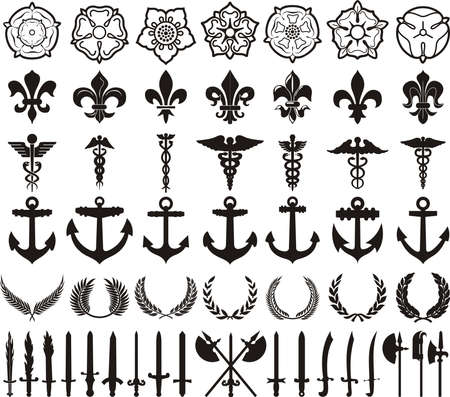Heraldic elements set: rose, llily, caduceus, anchor, laurel wreath, swordのイラスト素材