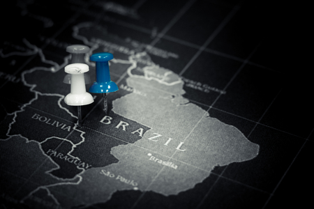 Blue push pin on Brazil mapの写真素材