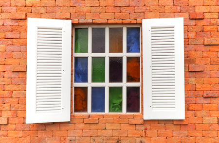 White wood window on brick wall texture background, Classic styleの写真素材