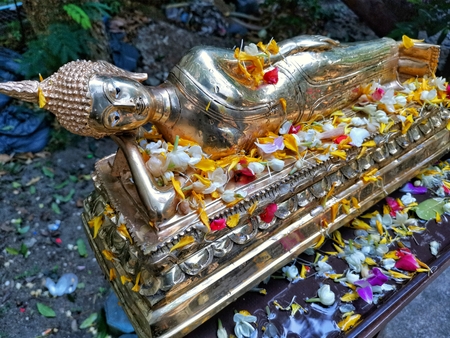Buddha statue water ceremony in Songkran festival or Thai New Year's national holidayの写真素材