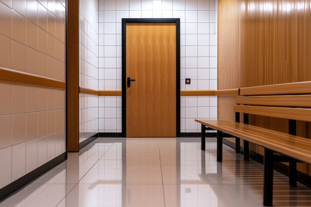 A modern hospital corridor featuring wooden door, tiled walls, and wooden benches, creating calm and inviting atmosphere for patients and visitorsの素材