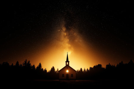 A white church silhouette stands against starry night sky, illuminated by warm glow. scene evokes sense of peace and tranquility amidst nature beautyの素材
