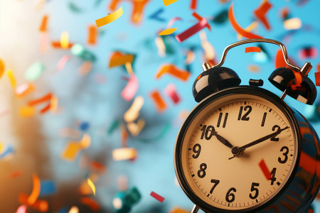 A New Year celebration with clock and colorful confetti in background, symbolizing joy and anticipation for upcoming yearの素材