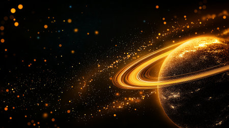 A stunning abstract digital representation of glowing planet with golden ring, surrounded by shimmering particles in dark cosmic background, evoking sense of wonder and explorationの素材
