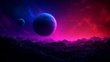 A stunning cosmic scene featuring multiple planets in vibrant space setting, with colorful nebulae and mountainous terrain. atmosphere evokes sense of wonder and explorationの素材