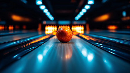 A vibrant bowling alley featuring glowing orange bowling ball on lane, illuminated by neon lights, creating energetic atmosphere for playersの素材